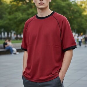 C-TWO Men's size Large Classic Red  Black casual Y2K sporty short sleeve shirt